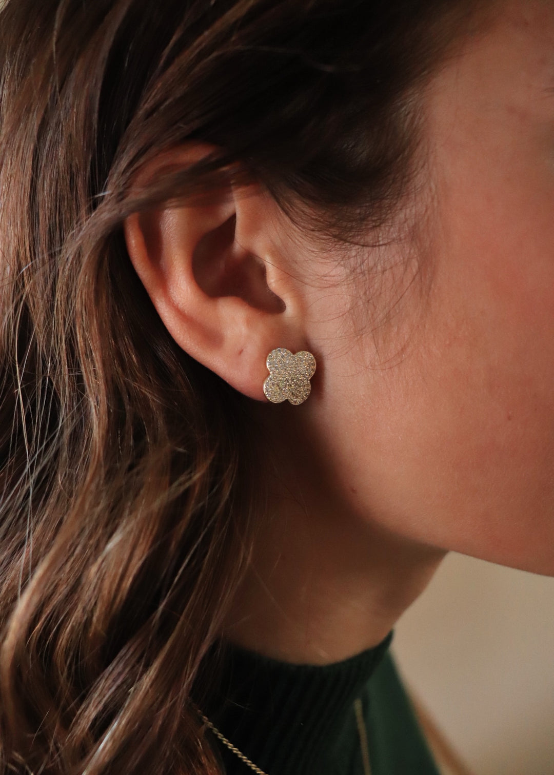 Gold Dipped Cz Pave Clover Stud Earrings