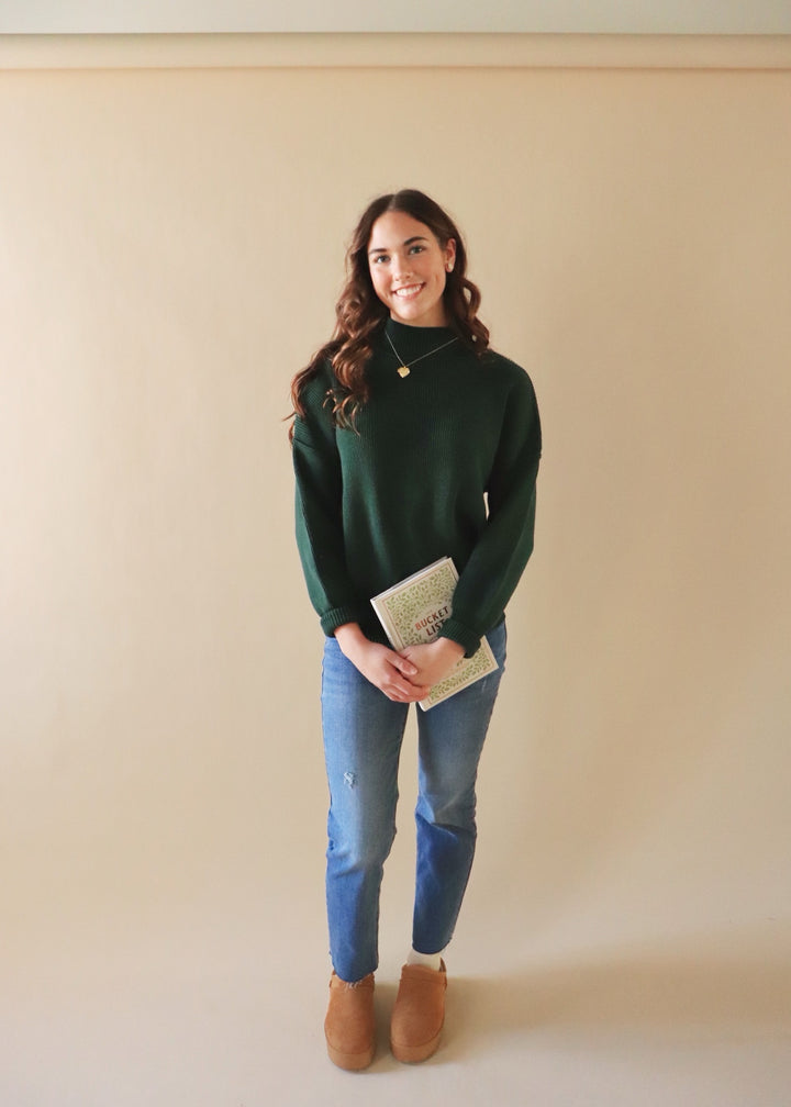 Hunter Green Mock Neck Rubbed Sweater