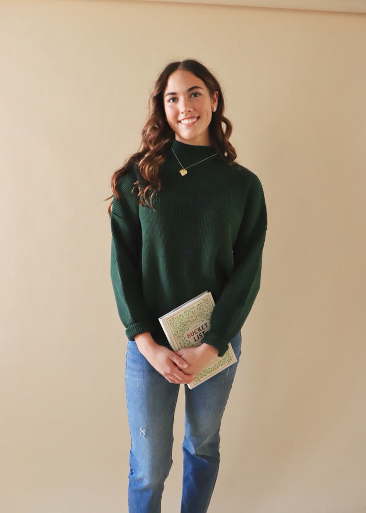 CLEARANCE FINAL SALE Hunter Green Mock Neck Ribbed Sweater