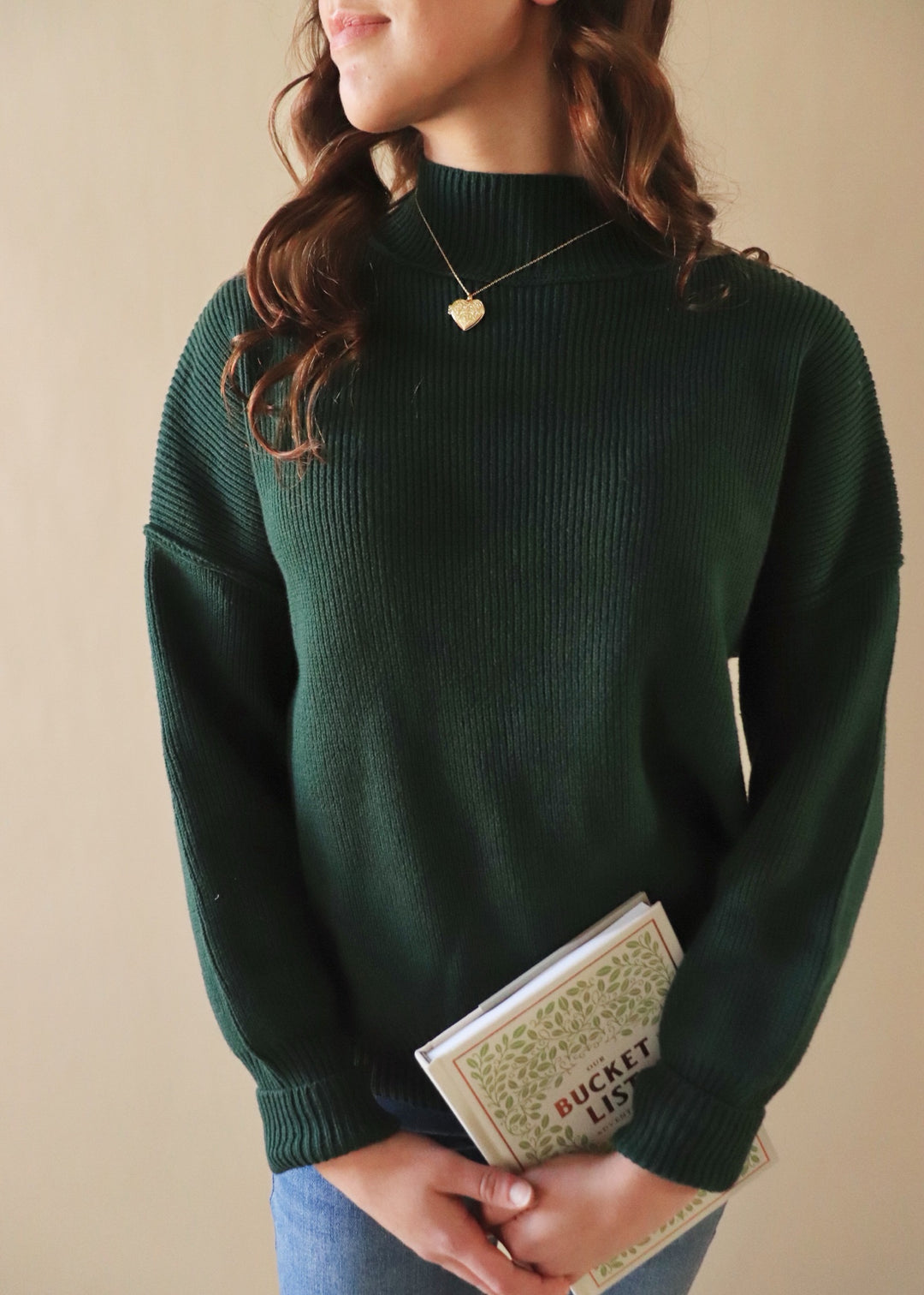 CLEARANCE FINAL SALE Hunter Green Mock Neck Ribbed Sweater