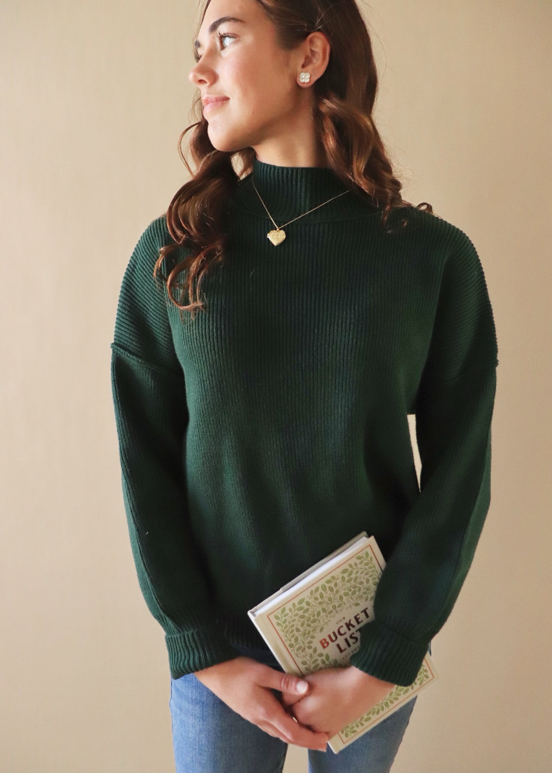 CLEARANCE FINAL SALE Hunter Green Mock Neck Ribbed Sweater