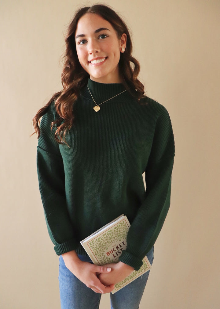 Hunter Green Mock Neck Rubbed Sweater