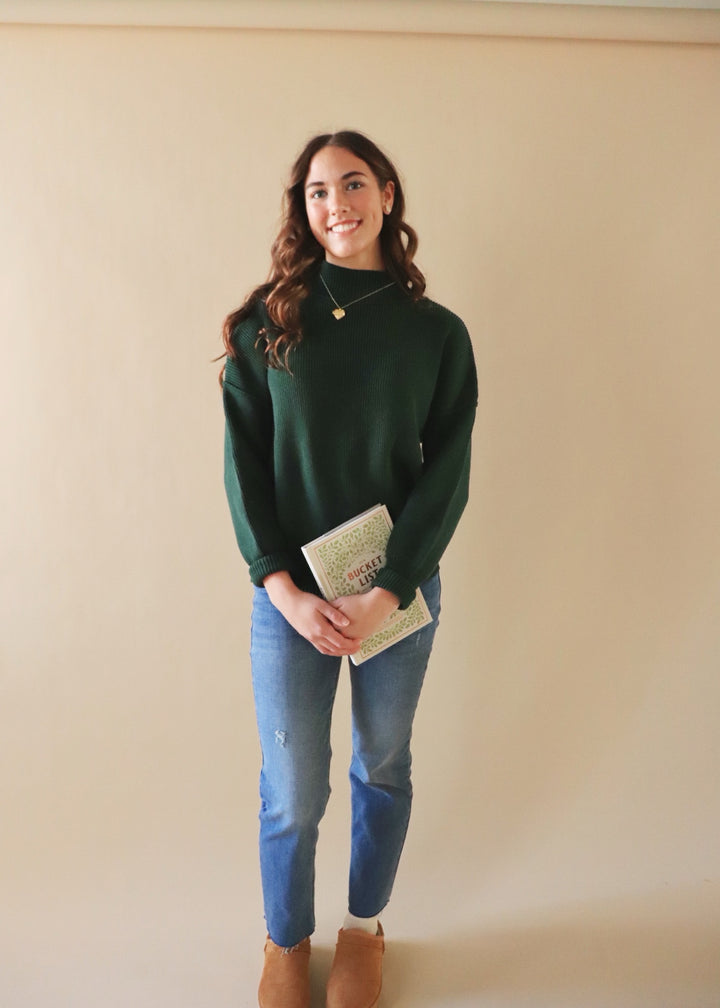 Hunter Green Mock Neck Rubbed Sweater