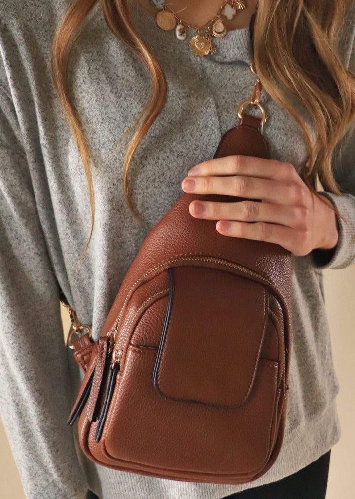 Sophia Sling Bag w/ Flapover Pocket in Brown