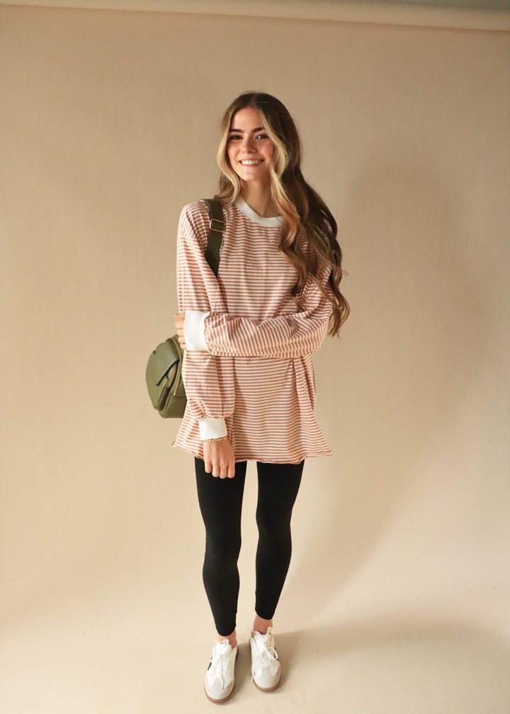 Blake Oversized Striped Pullover Top in Latte