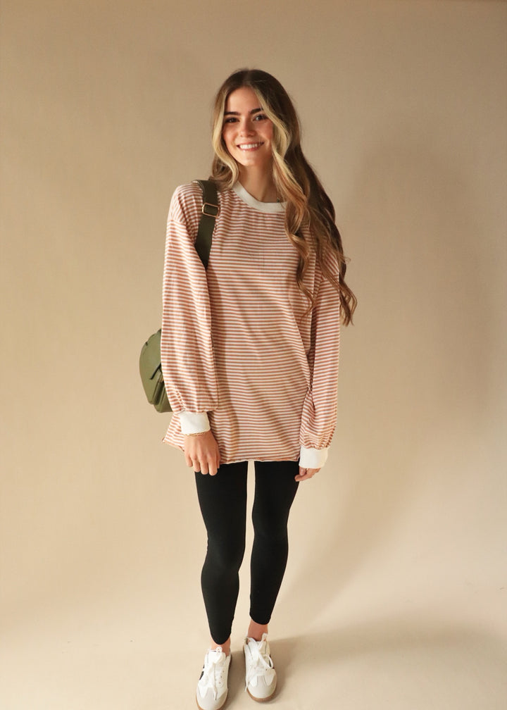 Blake Oversized Striped Pullover Top in Latte