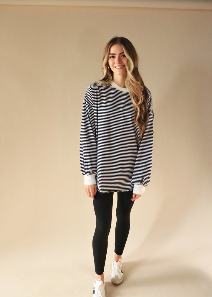 Blake Oversized Striped Pullover Top in Black