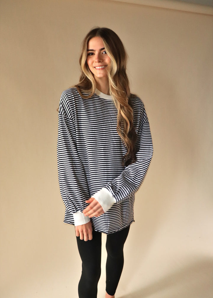 Blake Oversized Striped Pullover Top in Black