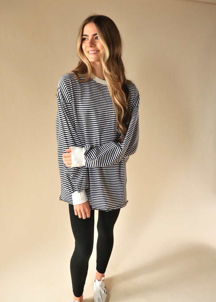 Blake Oversized Striped Pullover Top in Black