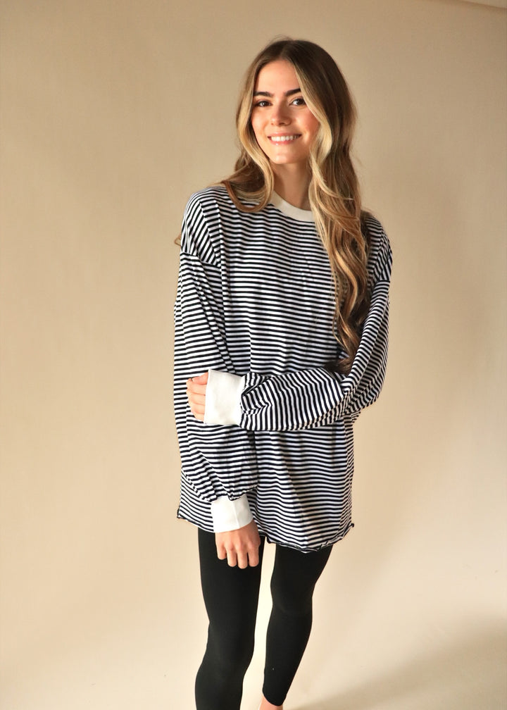 Blake Oversized Striped Pullover Top in Black