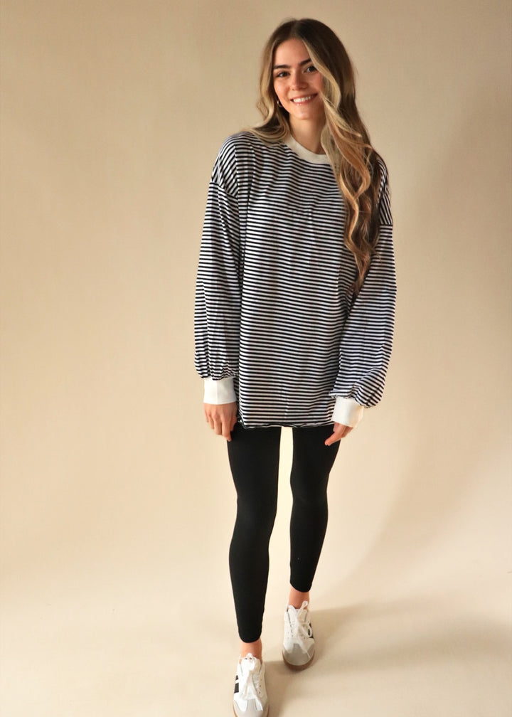 Blake Oversized Striped Pullover Top in Black