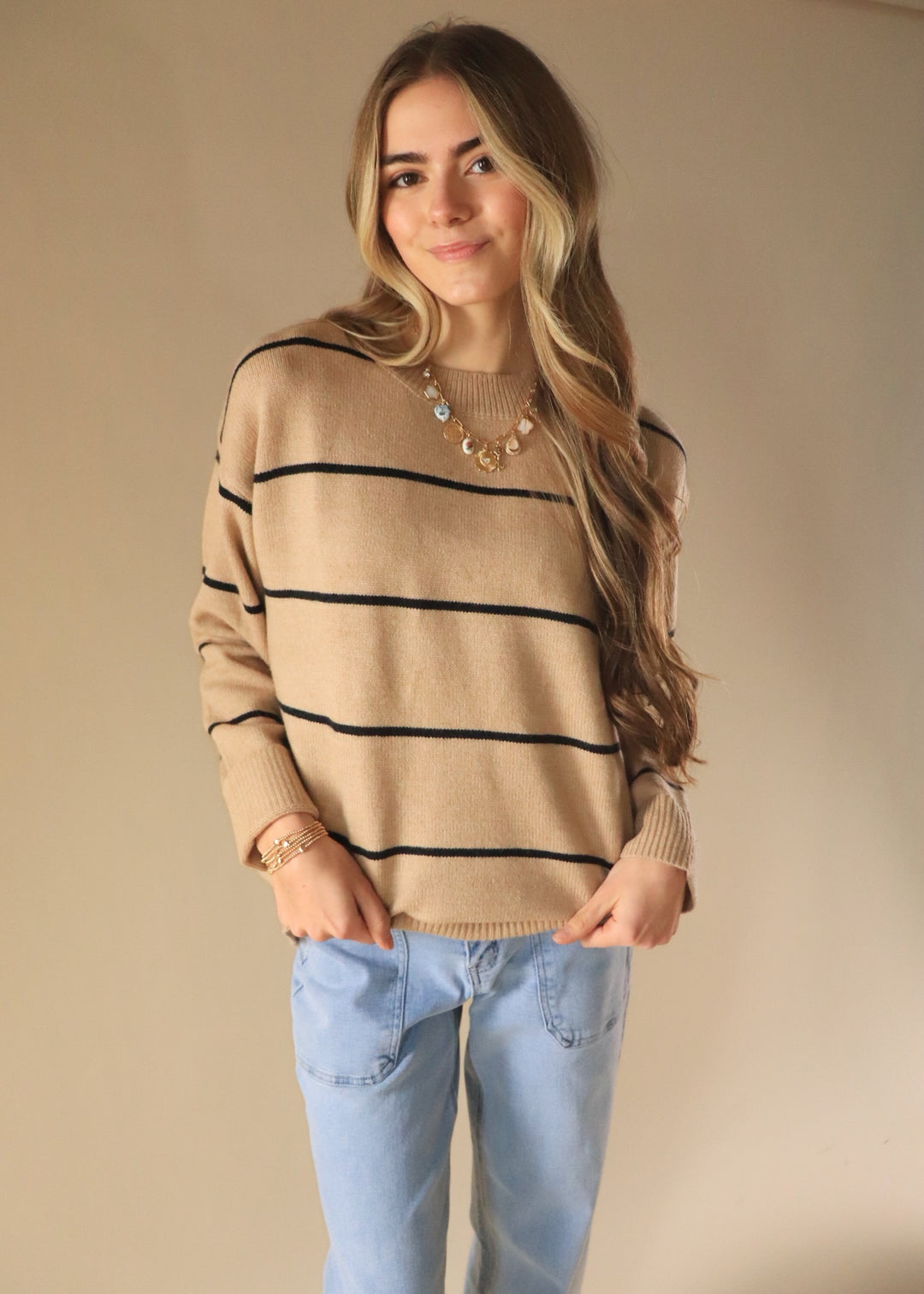 CLEARANCE FINAL SALE Loose Fit Stripe Long Sleeve Crewneck Sweater