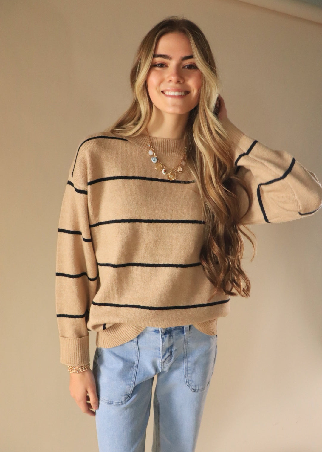 CLEARANCE FINAL SALE Loose Fit Stripe Long Sleeve Crewneck Sweater