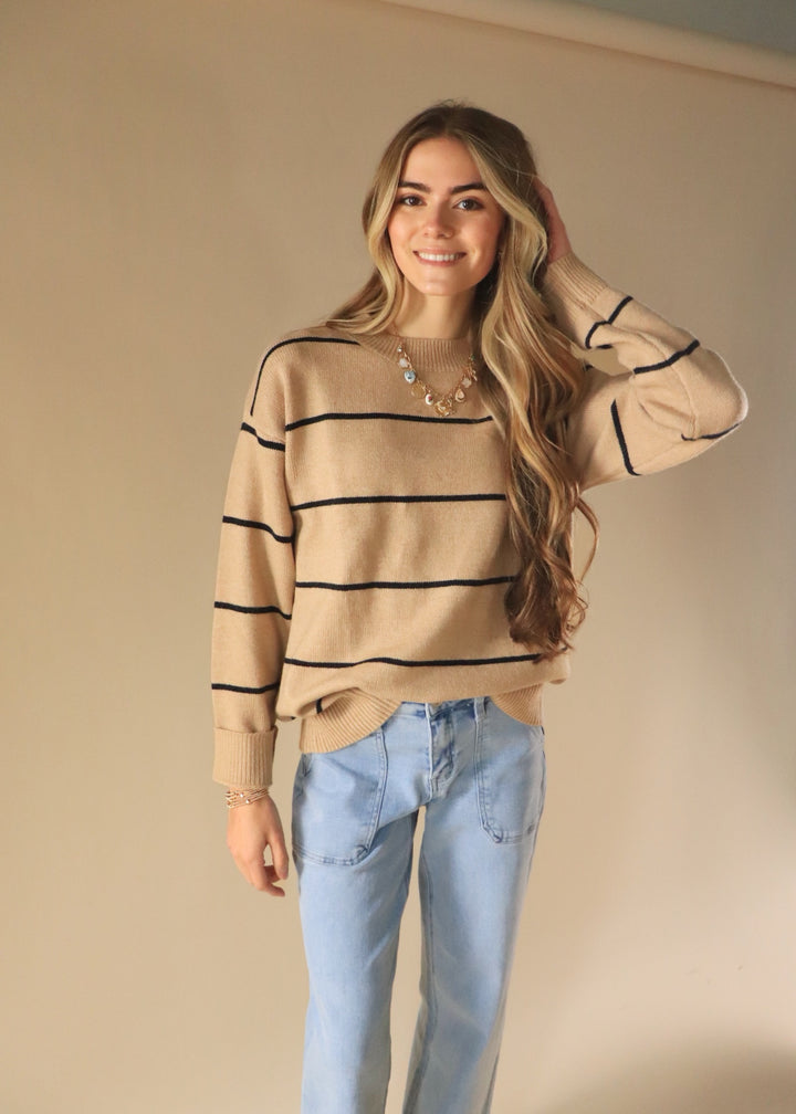 CLEARANCE FINAL SALE Loose Fit Stripe Long Sleeve Crewneck Sweater