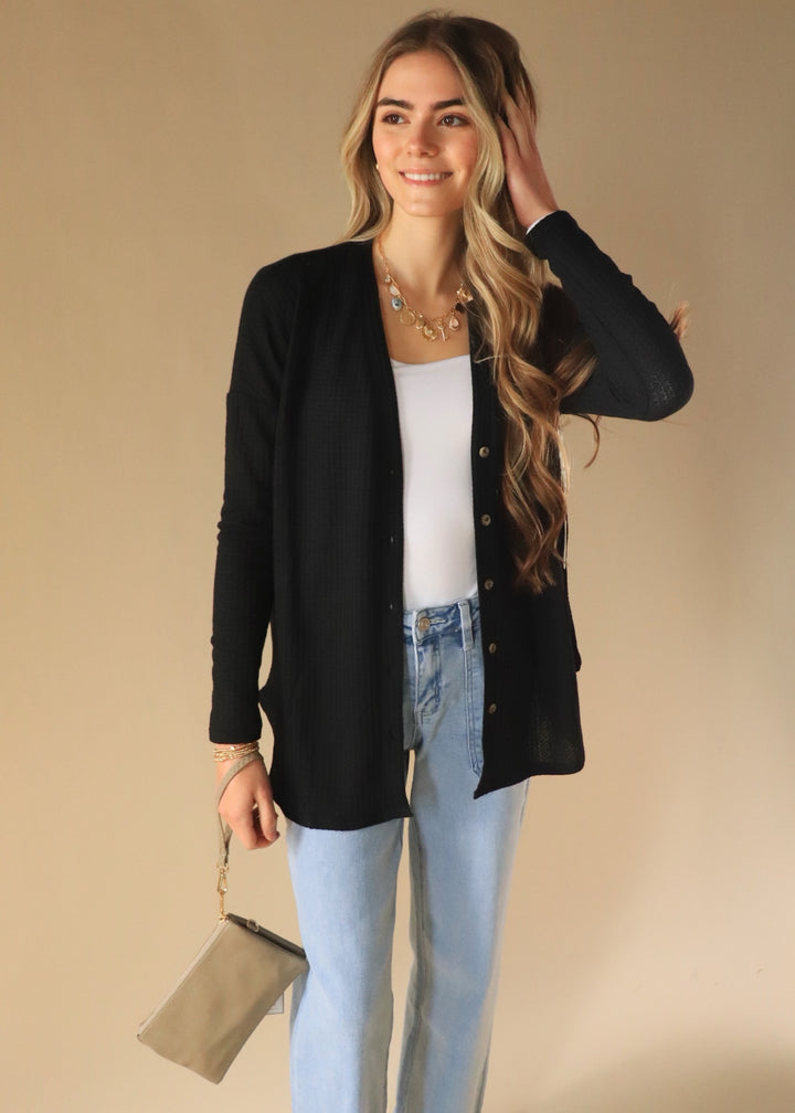 Waffle Button Down Cardigan in Black