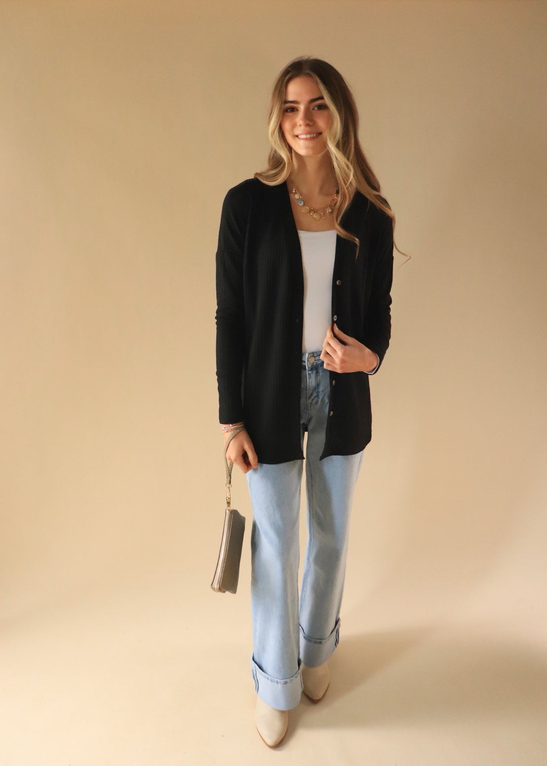 Waffle Button Down Cardigan in Black