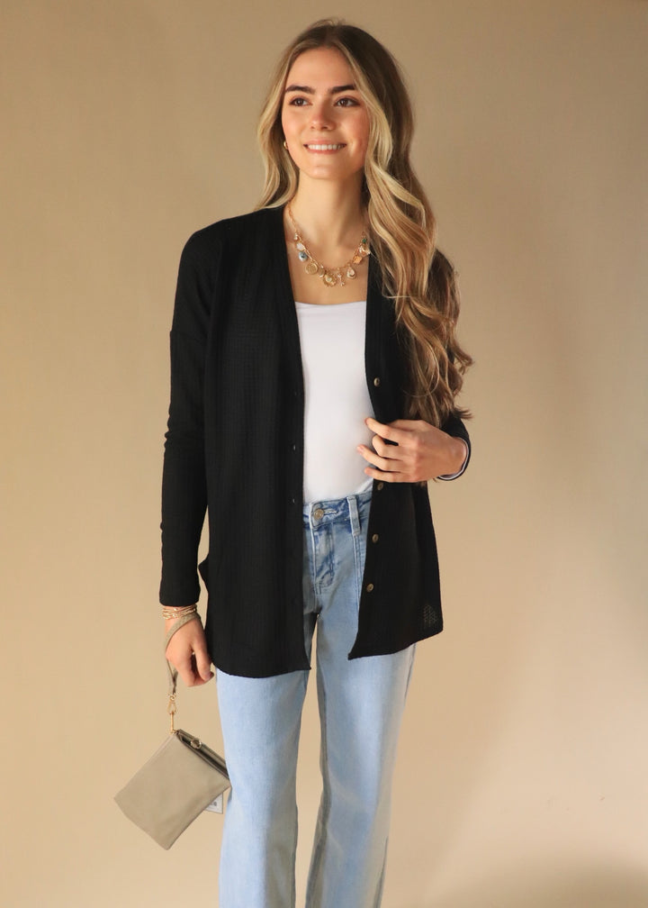 Waffle Button Down Cardigan in Black