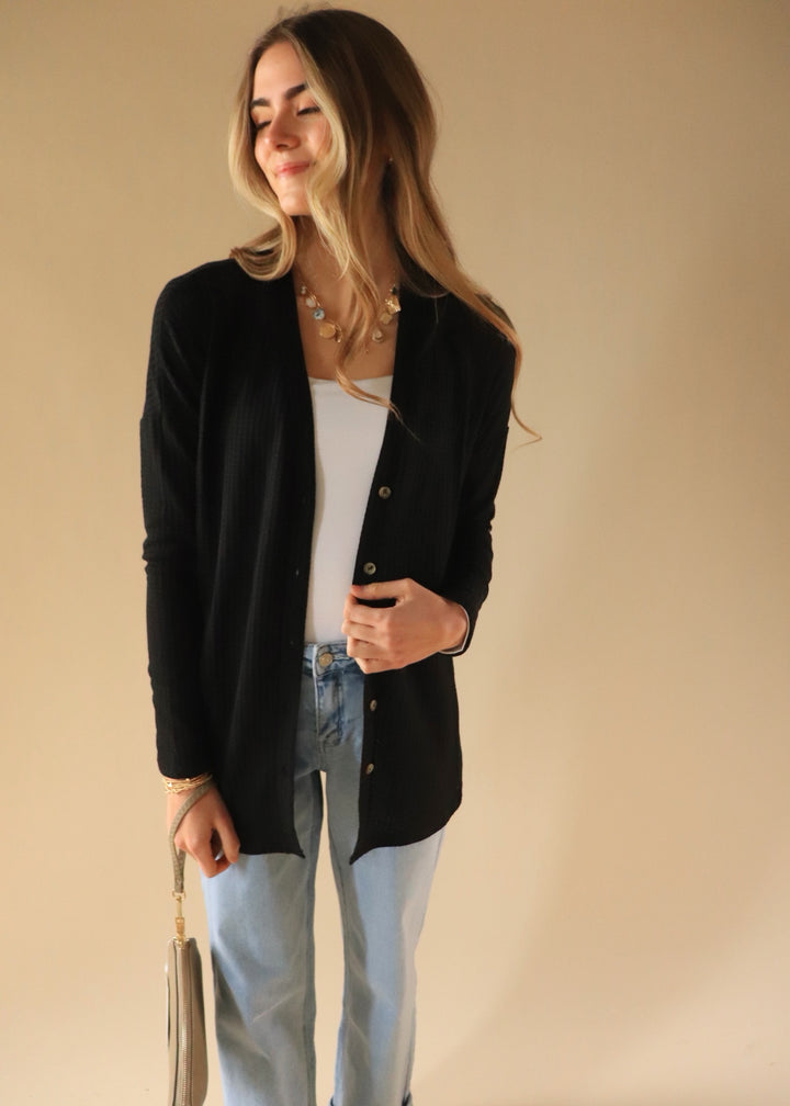 Waffle Button Down Cardigan in Black