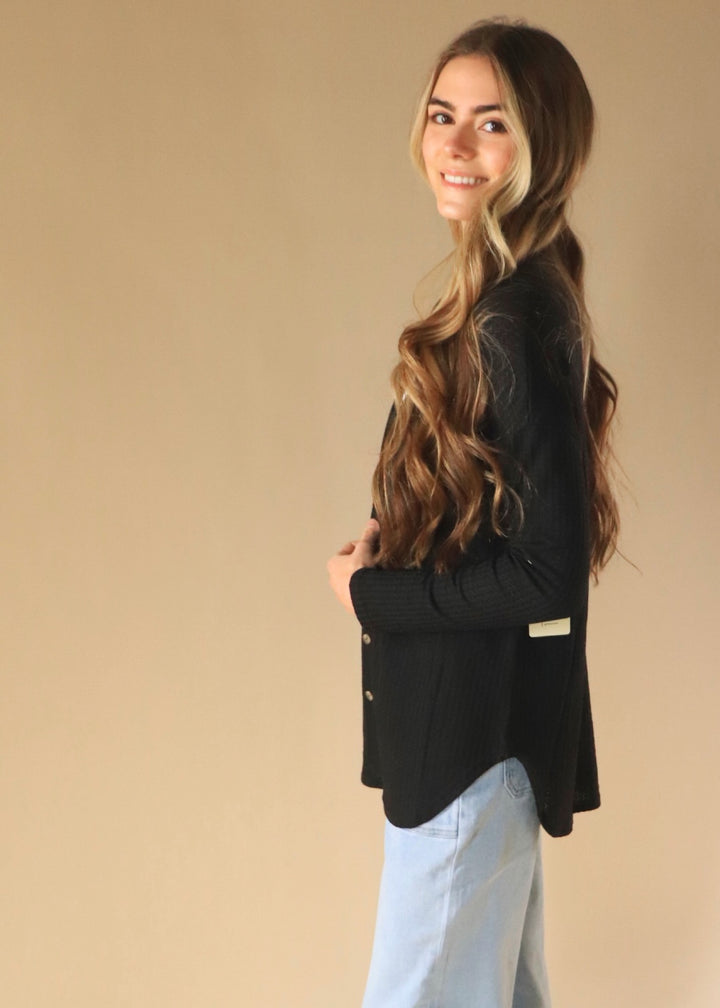 Waffle Button Down Cardigan in Black