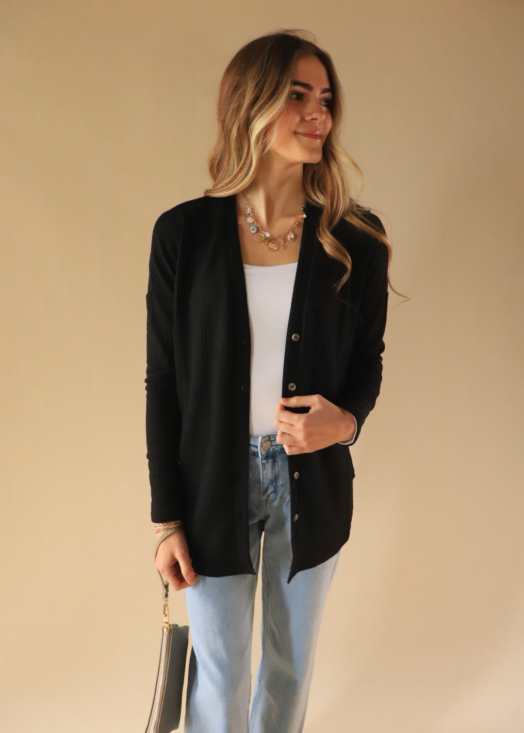 Waffle Button Down Cardigan in Black