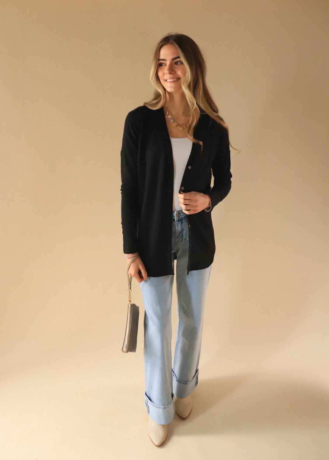 Waffle Button Down Cardigan in Black