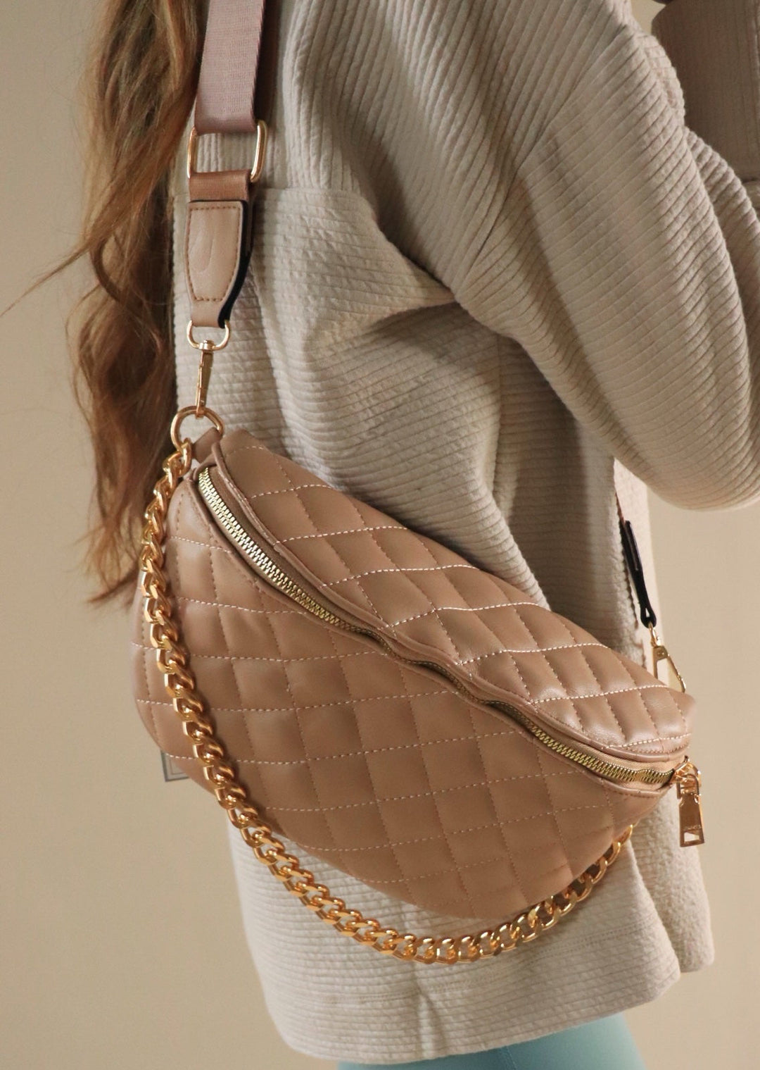 Sylvie Quilted Belt Bag with Chain Strap in Tan