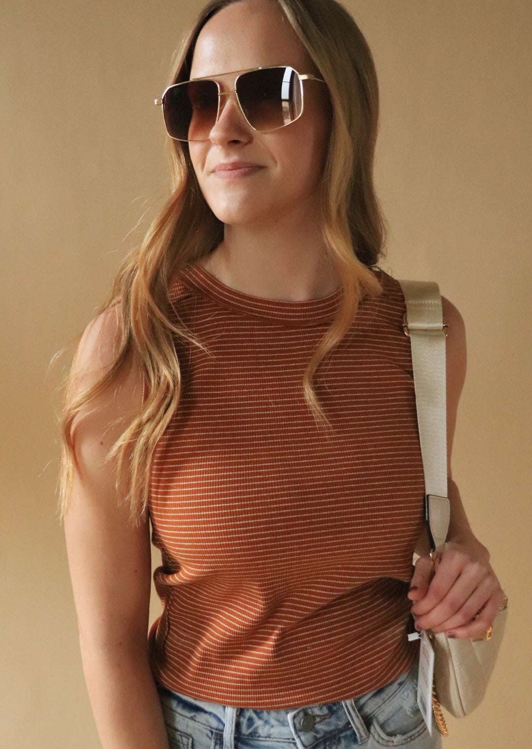 Florence Striped Raw Edge Tank in Camel/White