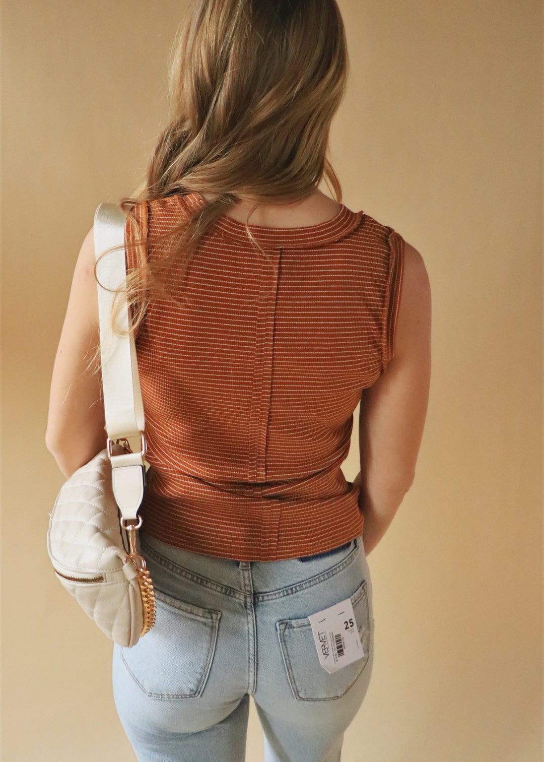 Florence Striped Raw Edge Tank in Camel/White