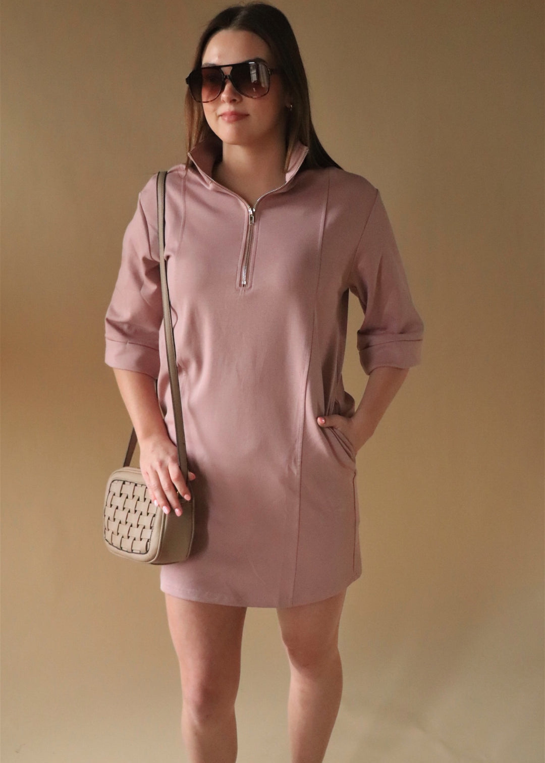 Bella Half Zip Scuba Dress in Mauve Pink