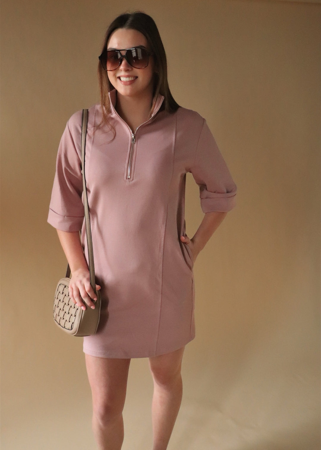 Bella Half Zip Scuba Dress in Mauve Pink