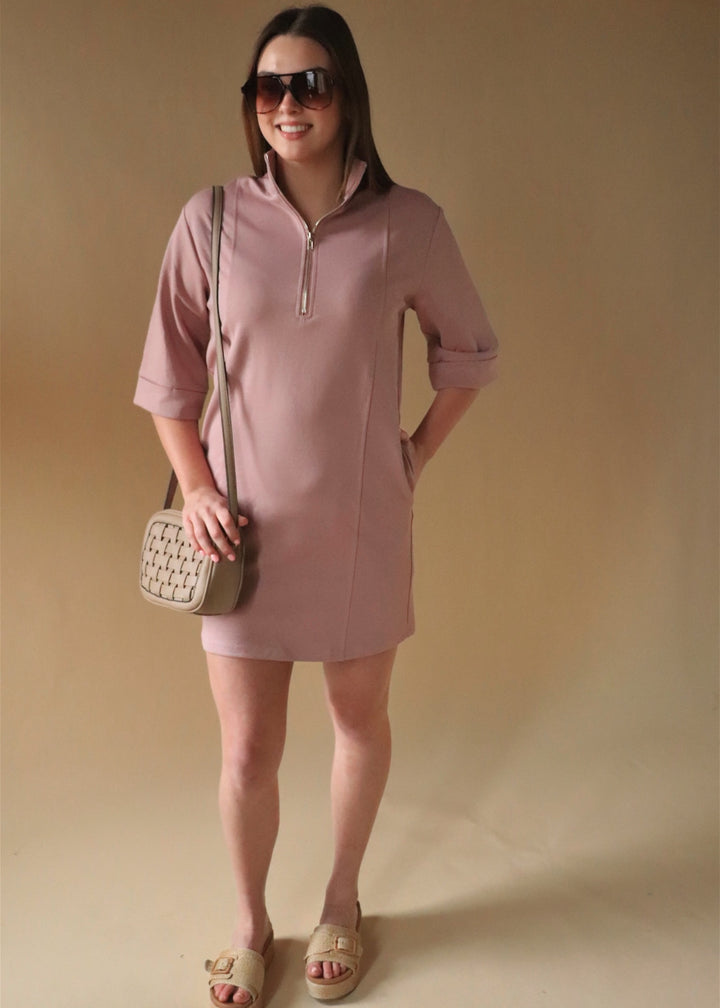 Bella Half Zip Scuba Dress in Mauve Pink