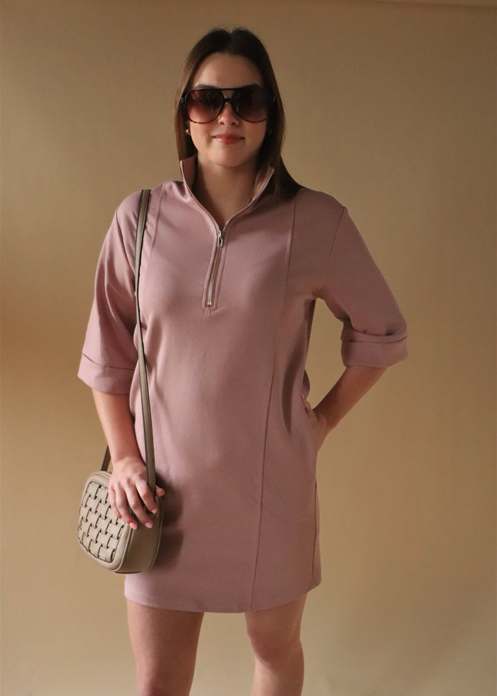 Bella Half Zip Scuba Dress in Mauve Pink