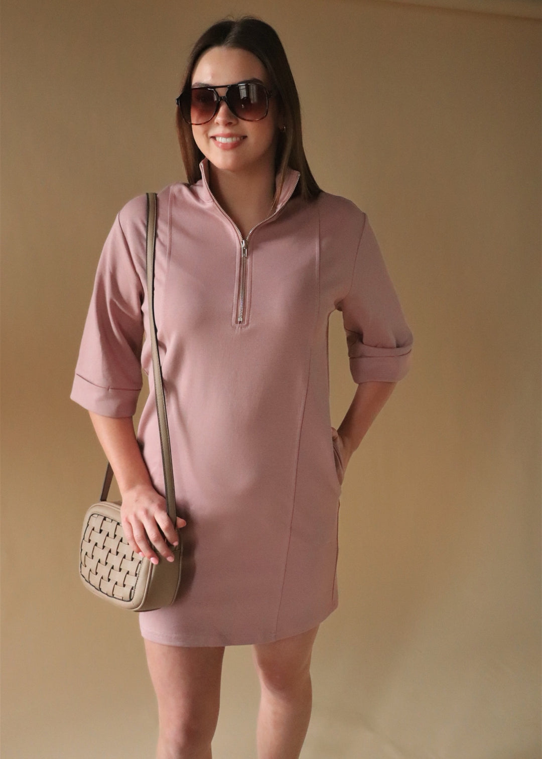 Bella Half Zip Scuba Dress in Mauve Pink