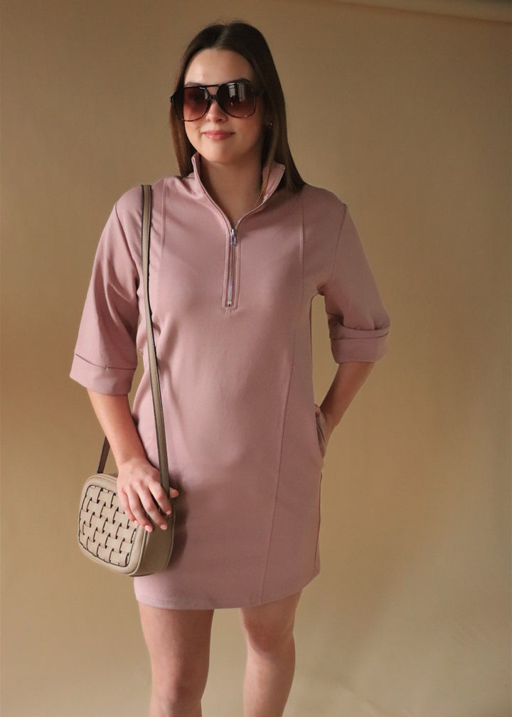 Bella Half Zip Scuba Dress in Mauve Pink