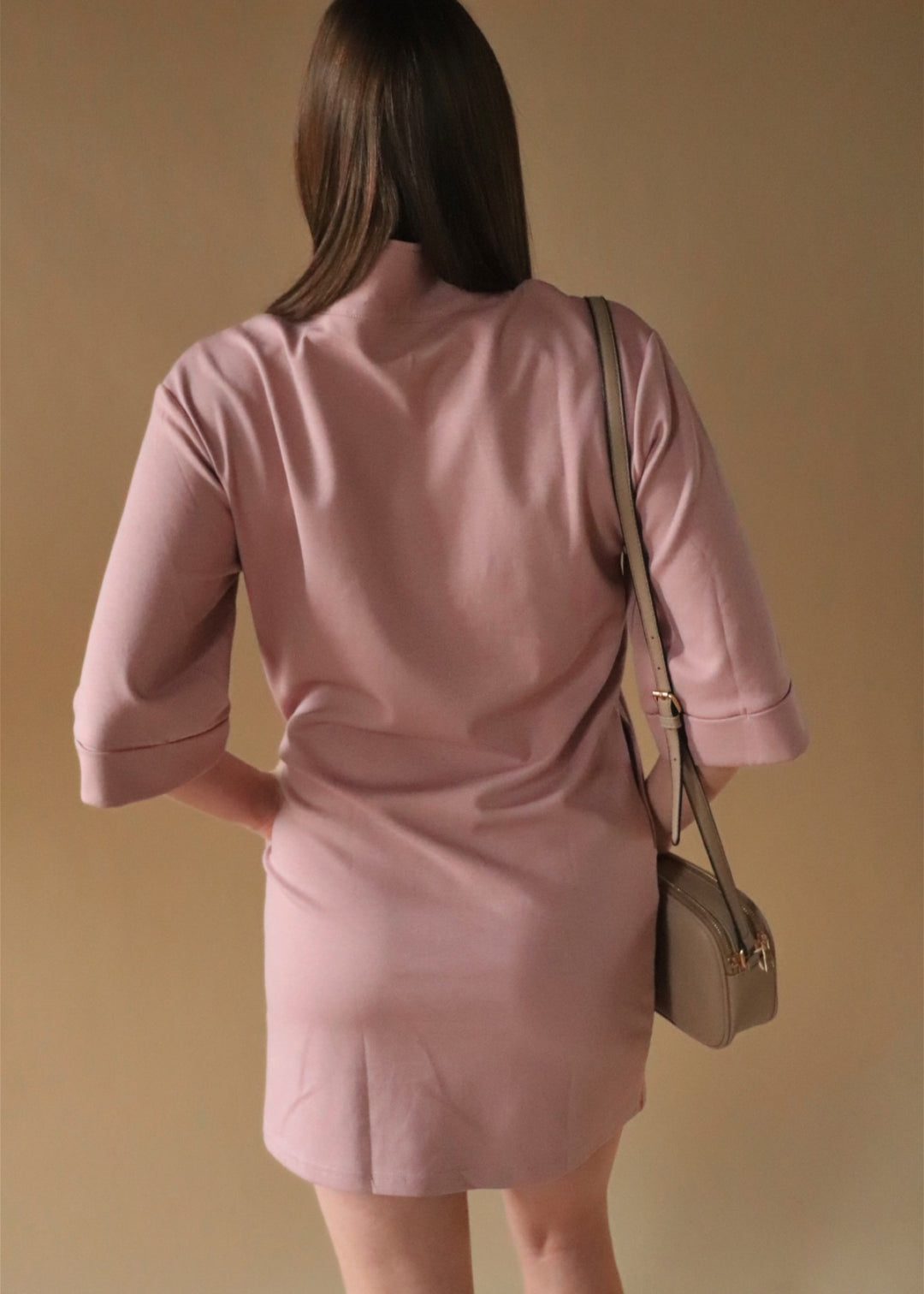 Bella Half Zip Scuba Dress in Mauve Pink