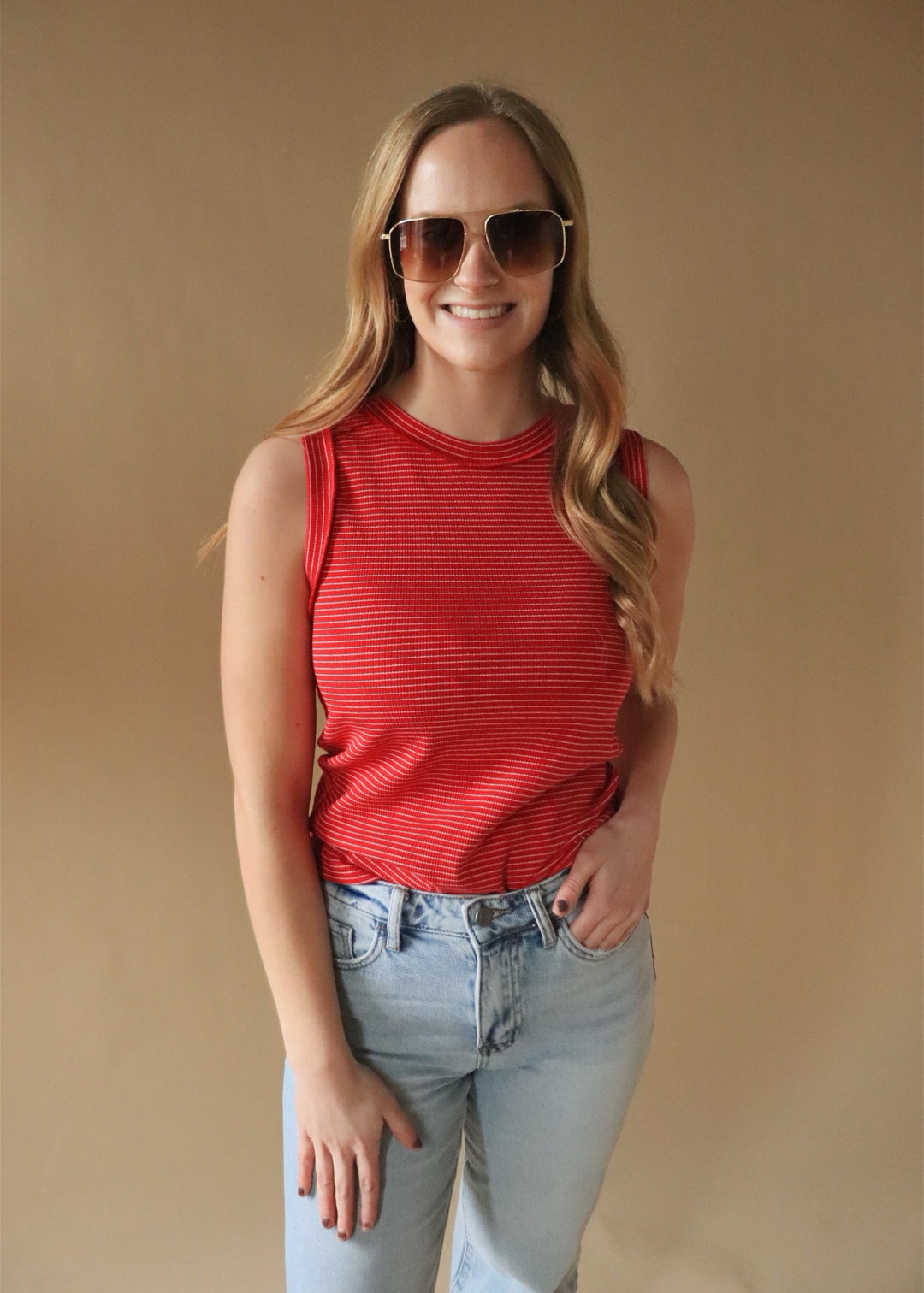 Florence Striped Raw Edge Tank in Red/White