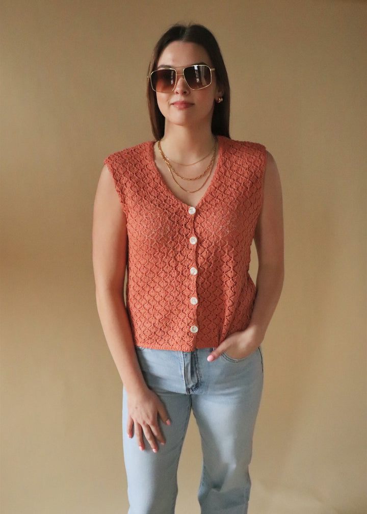 Marian Crochet Button-Up Vest in Clay