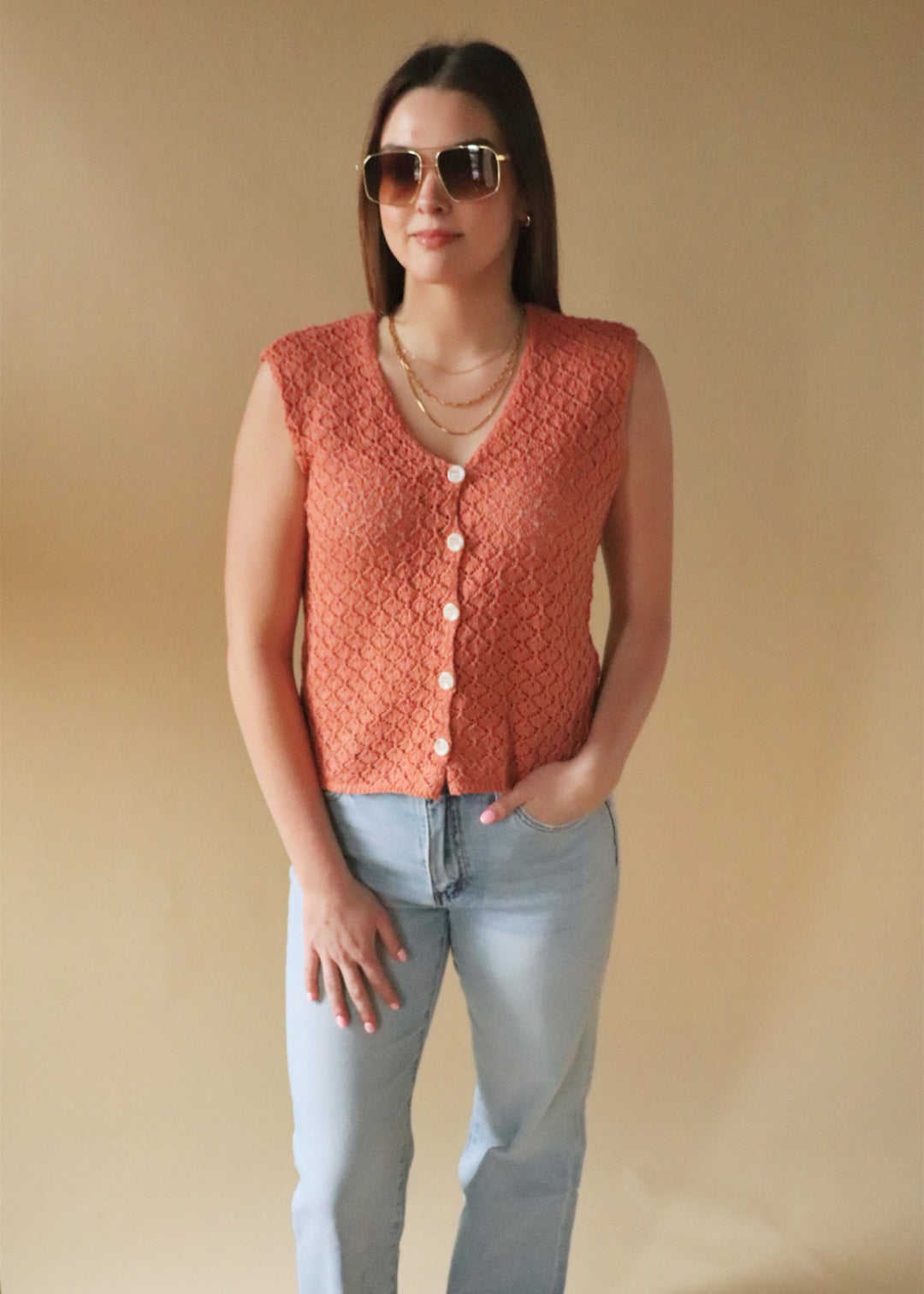 Marian Crochet Button-Up Vest in Clay