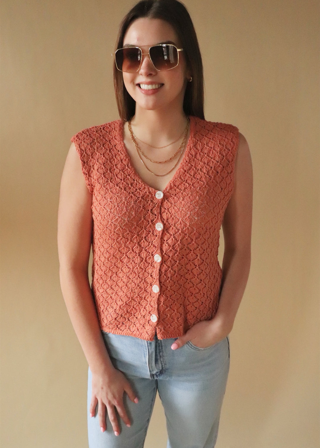 Marian Crochet Button-Up Vest in Clay