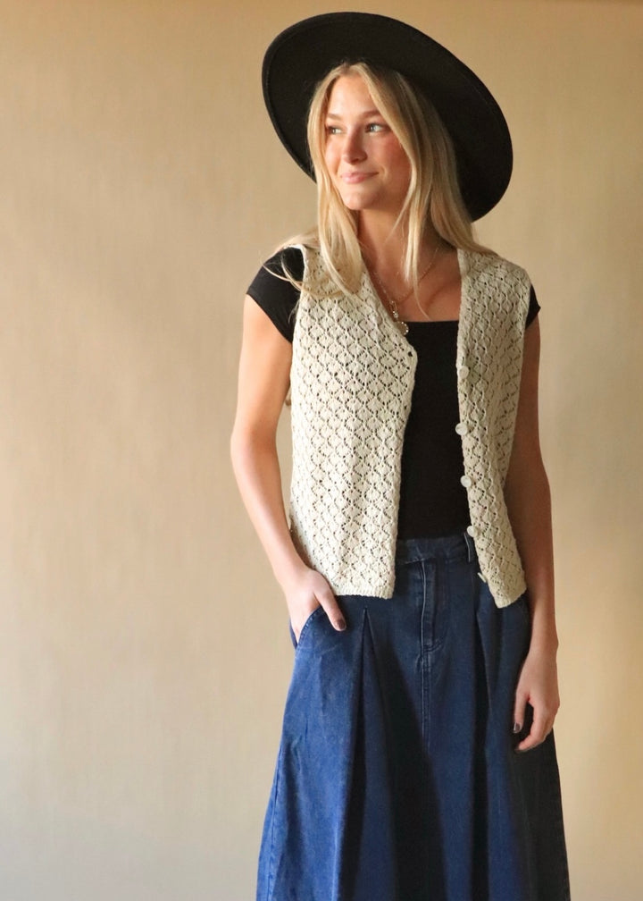 Marian Crochet Button-Up Vest in Shell