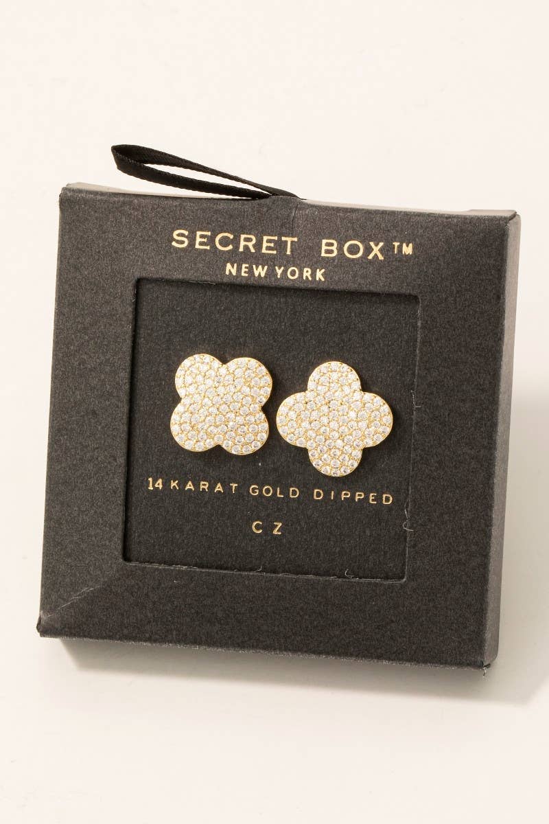 Gold Dipped Cz Pave Clover Stud Earrings