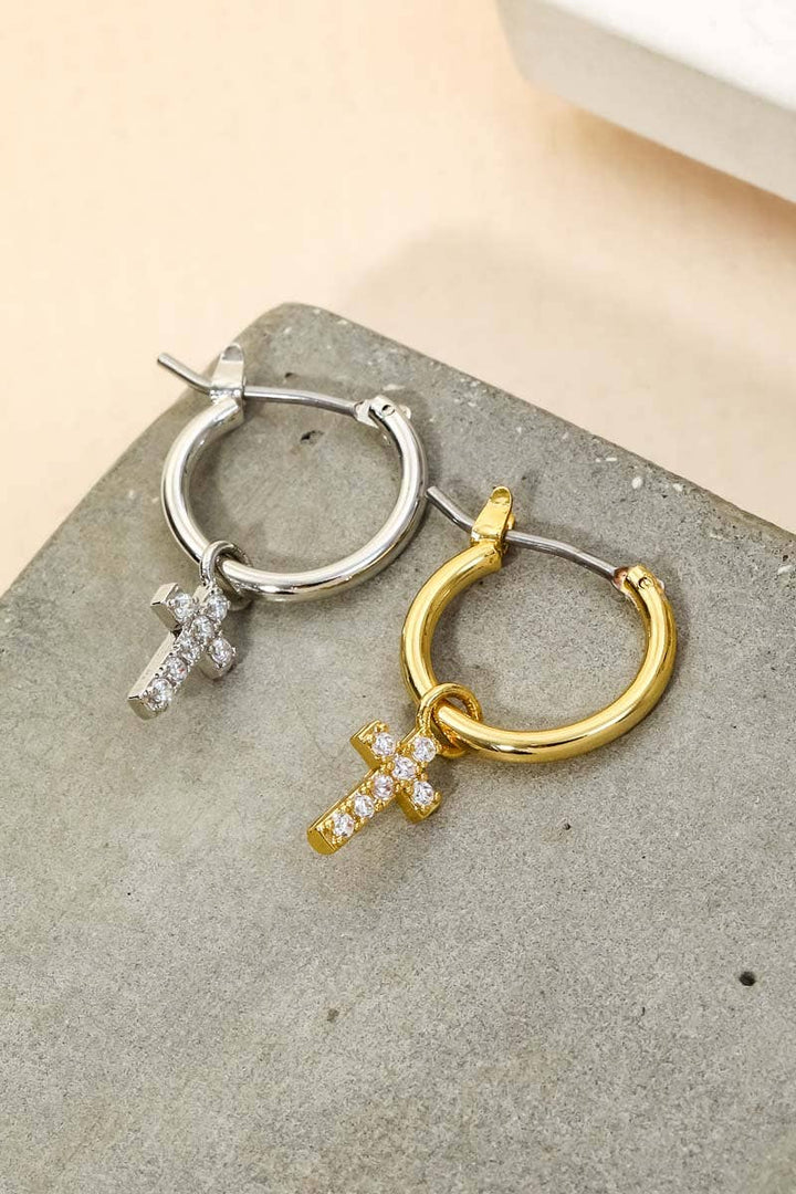 Pave Cross Hoop Huggie Earrings