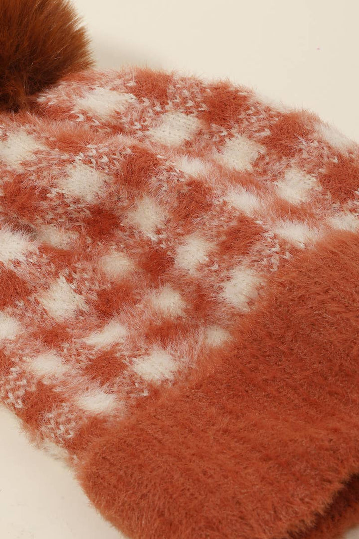 CLEARANCE FINAL SALE Fuzzy Pompom Plaid Beanie Fuzzy in Rust