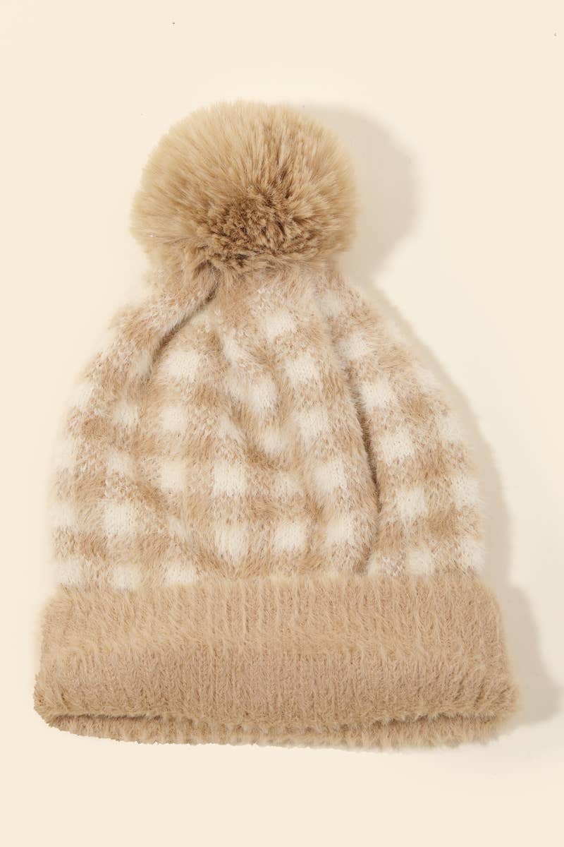 CLEARANCE FINAL SALE Fuzzy Pompom Plaid Beanie Fuzzy in Rust