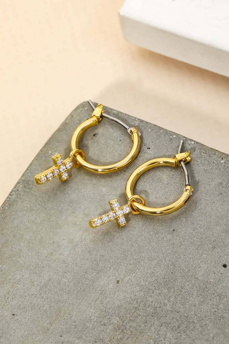 Pave Cross Hoop Huggie Earrings