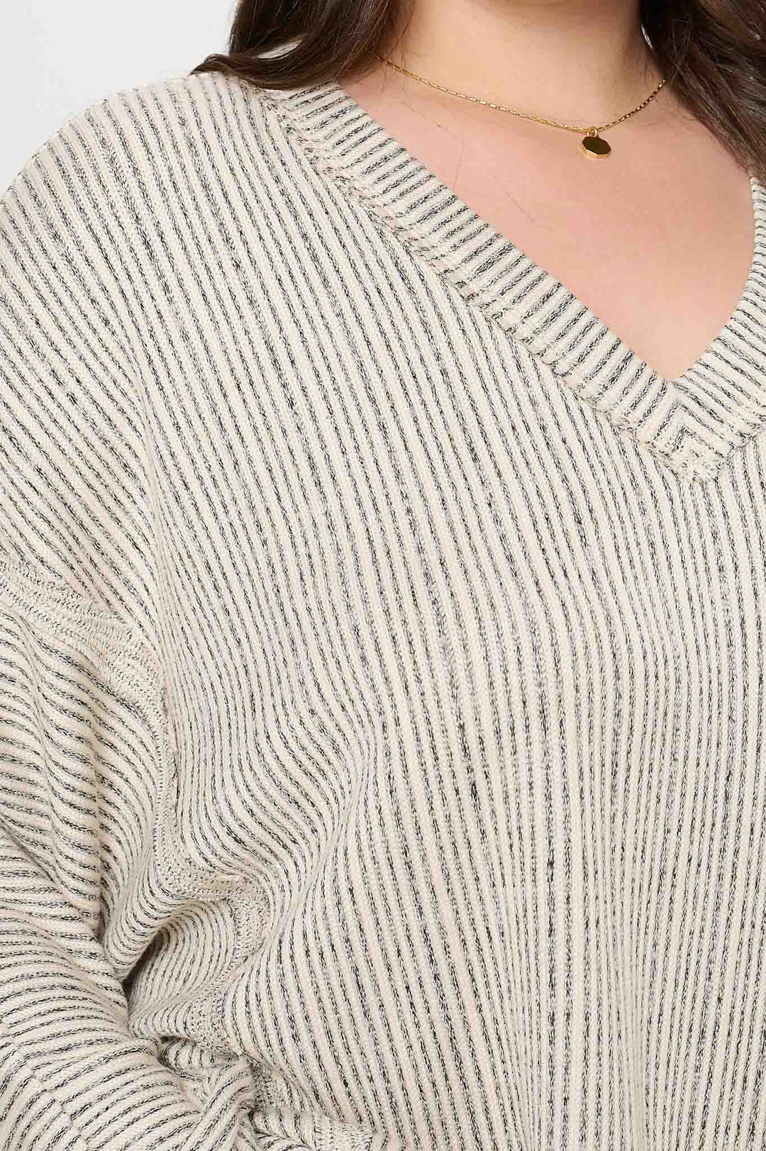 CLEARANCE FINAL SALE Kit Plus Striped Drop Shoulder V Neck Knit Top