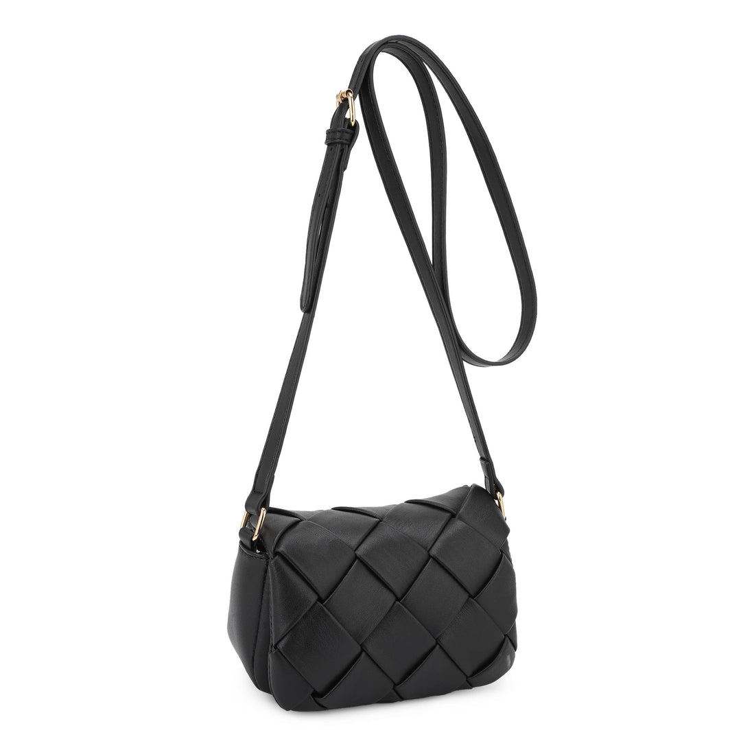 Black Emily Mini Woven Flap Crossbody Bag