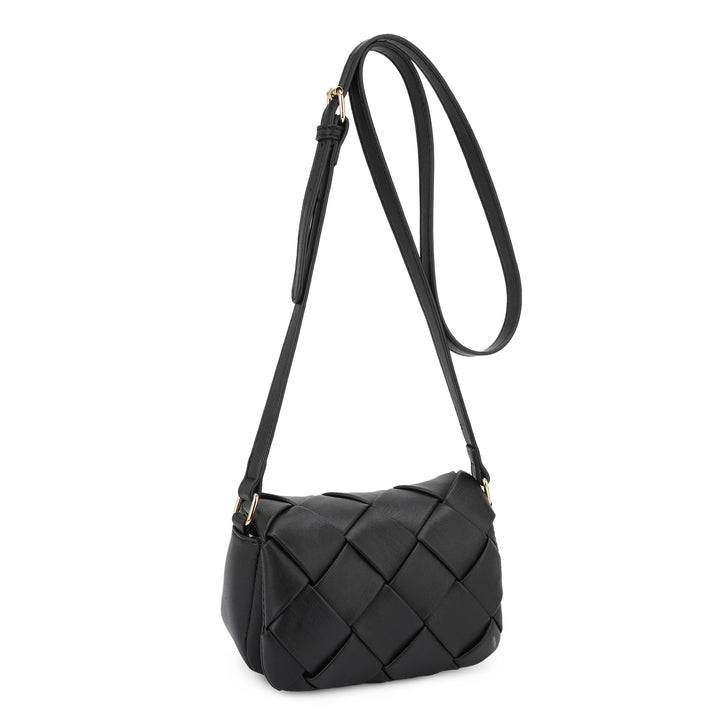 Black Emily Mini Woven Flap Crossbody Bag