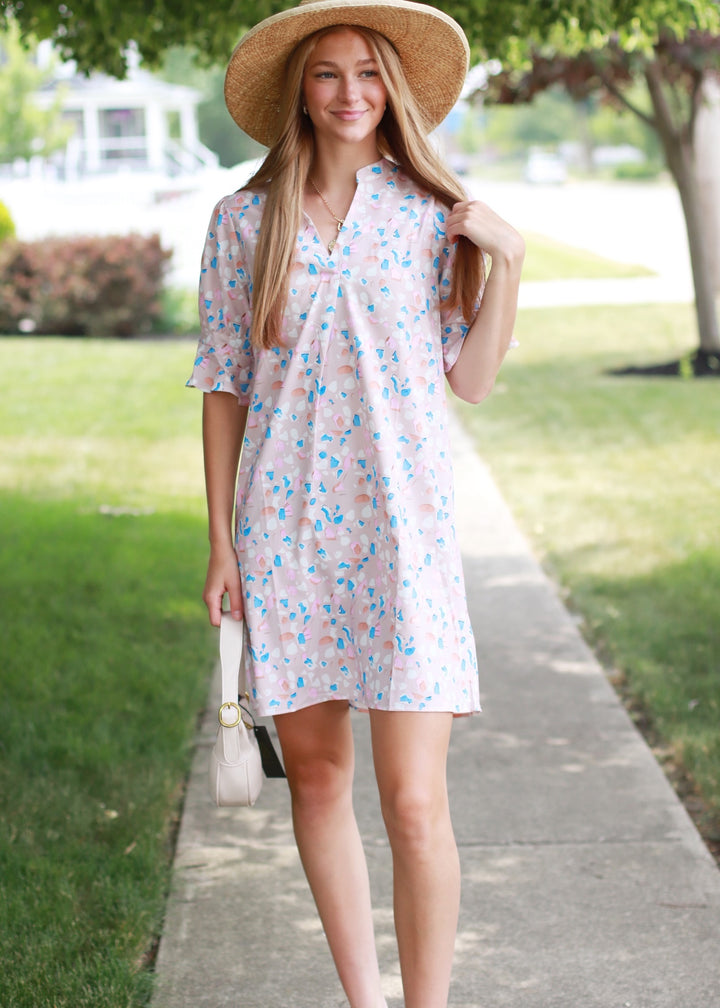CLEARANCE FINAL SALE Pink Ruffled Sleeves Abstract Print Shift Dress