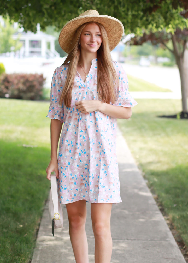 CLEARANCE FINAL SALE Pink Ruffled Sleeves Abstract Print Shift Dress